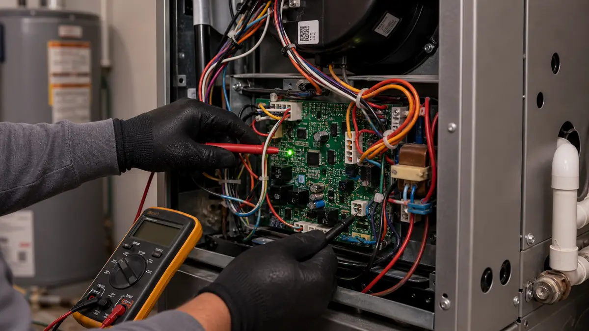 Reading a Trane furnace LED flash code through the blower-door sight glass in Woodland Hills