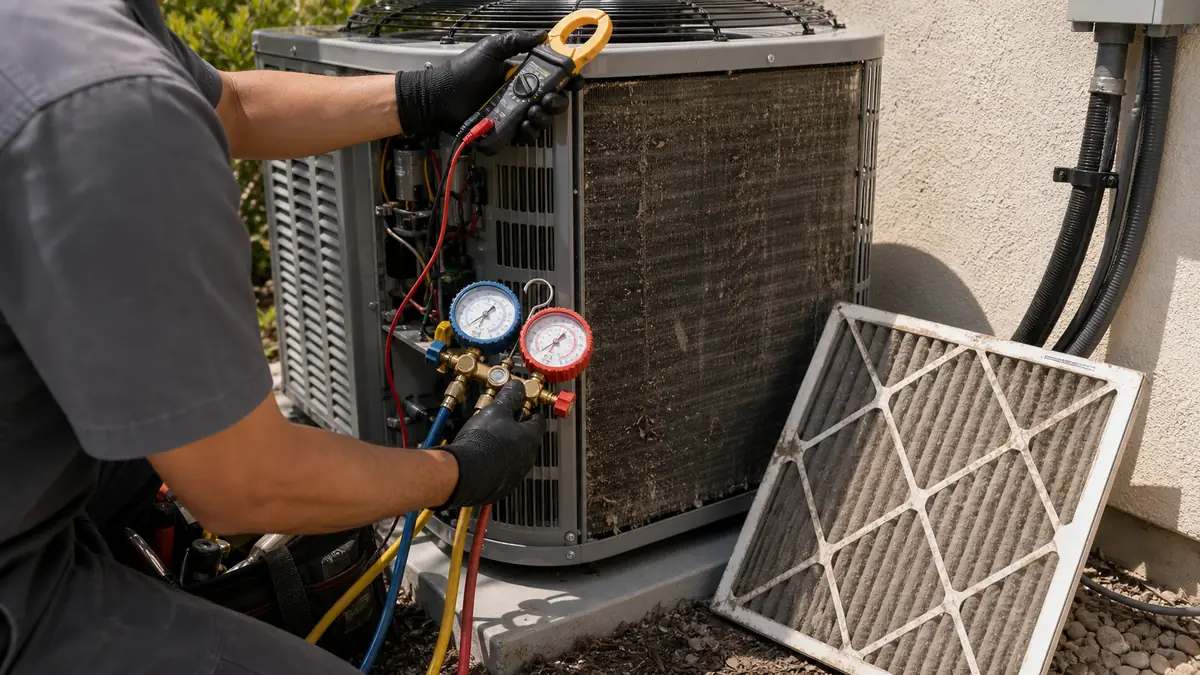 Technician checking refrigerant charge and coil condition behind a high summer bill in Woodland Hills