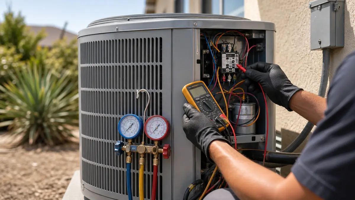 Technician metering a Trane dual-run capacitor at a heat-soaked condenser in Woodland Hills